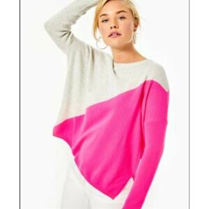 Lilly Pulitzer Cashmere Tunic Sweater S/M Pink Gray Colorblock V-Neck Luxe Soft